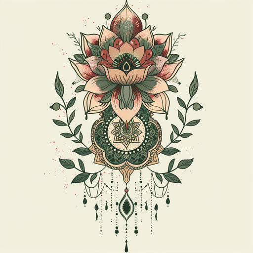Bohemian clipart style flat tattoo sketch for a girly tattoo with mandalas and earthy green tones