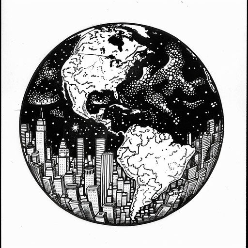 Earth viewed at night with city lights on continents