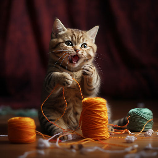An American cat plays with yarn