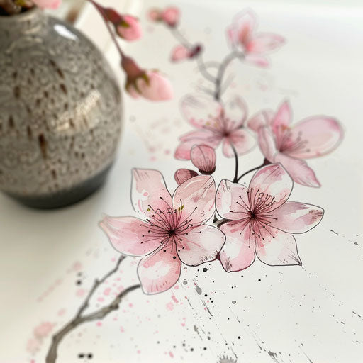 Elegant cherry blossoms in linework with subtle ink wash effects on white