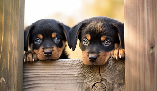 Two rottweiler puppies peeking over a wooden fence