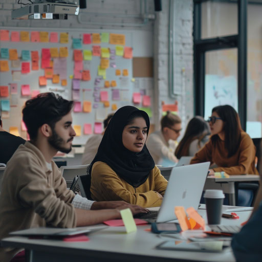 Team of developers in sprint review in agile workspace