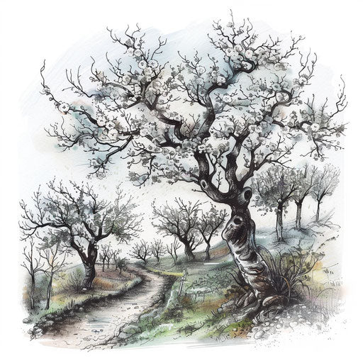White orchard landscape in spring, clipart style