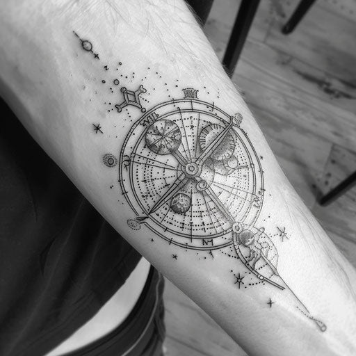 Pirate's astrolabe surrounded by stars in dotwork tattoo