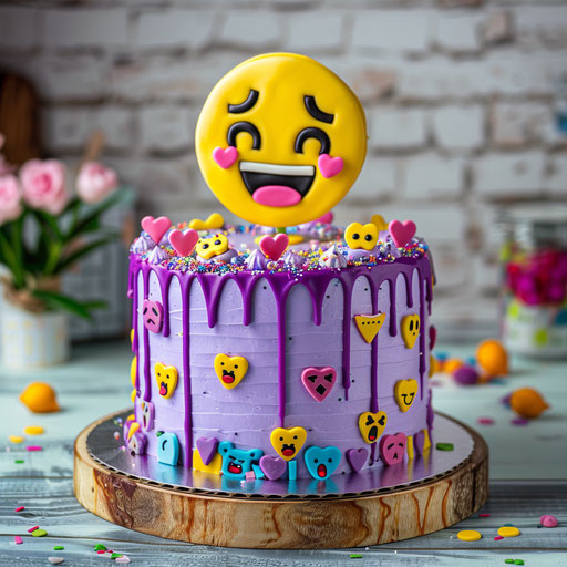 Purple cake with emoji and cheerful emoticon decorations