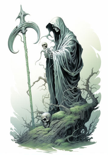 The Grim Reaper holding the scythe, in dark white light green