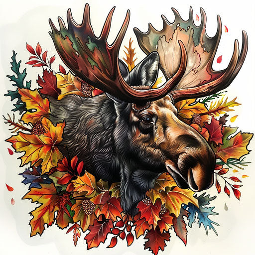 Vibrant flat tattoo sketch of a moose surrounded by colorful autumn leaves