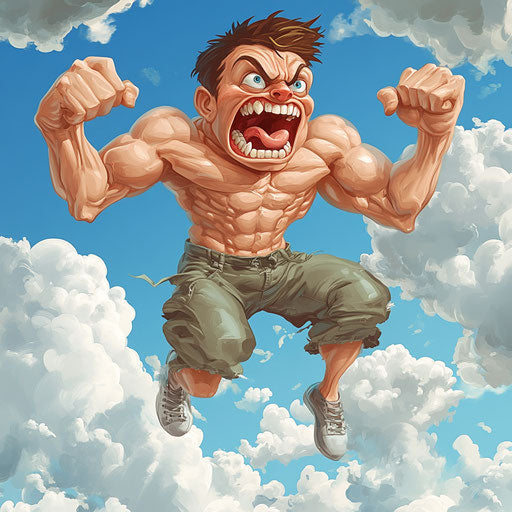 Humorous caricature of a jumping caricature clipart with human characteristics, exaggerated arched eyebrows, muscular arms, cloudy sky, vibrant colors, cartoon style, winking, high-resolution, no background, isolated -c 40