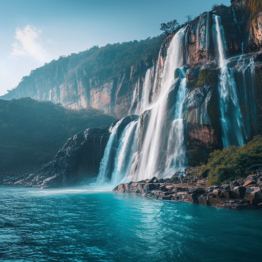 Dudh Sagar Waterfalls with bright blue waters and dynamic cliffs