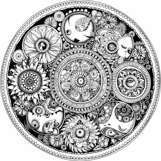 Intricate mandala-style emojis with detailed patterns, in the style of Johanna Basford, Coloring book page