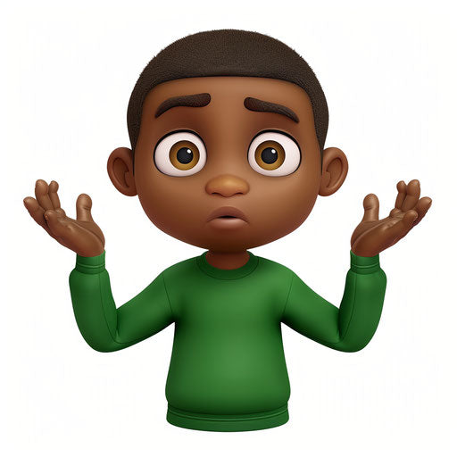 Confused black boy in green shirt, hands up