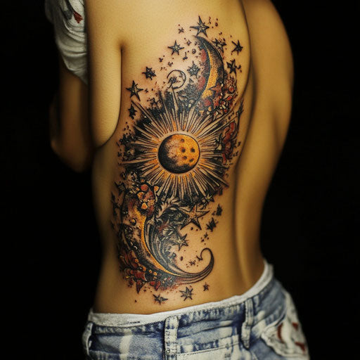 Side tattoos for women with celestial sun and moon surrounded by stars