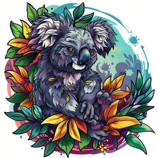 Stylized tattoo sketch of a koala with wind-blown leaves and dramatic colors