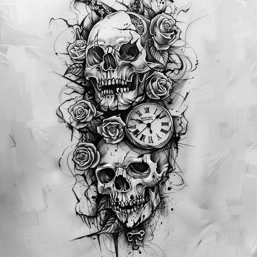 Tattoo sketch of skull and roses with clock elements, full sleeve for men