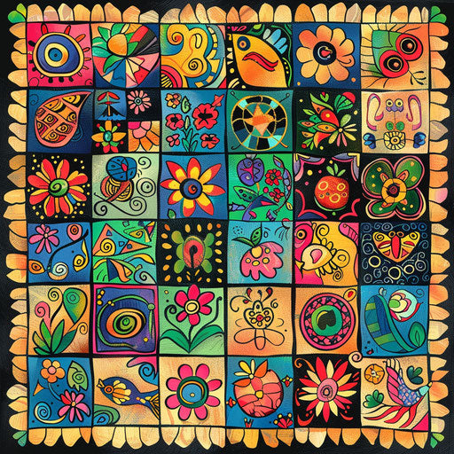 Family quilt with symbols, colorful patterns