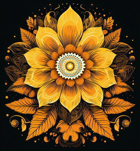 Dark yellow and light brown flower, ornate and geometric design