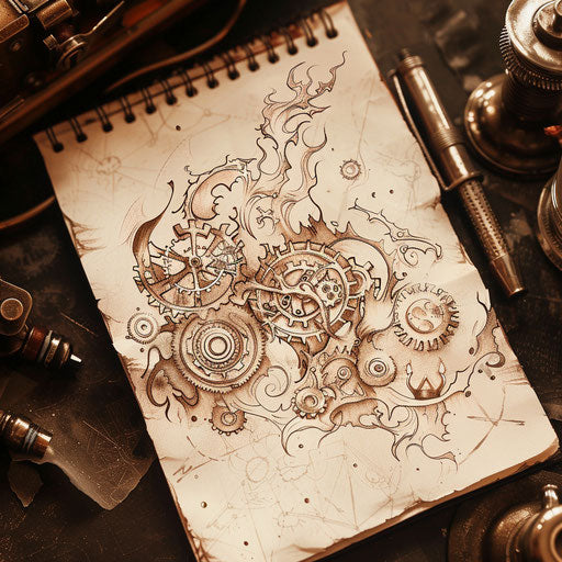 Steampunk fire tattoo, mechanical gears and steam with fiery accents