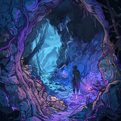 Baldur exploring mystical cave in captivating clipart style
