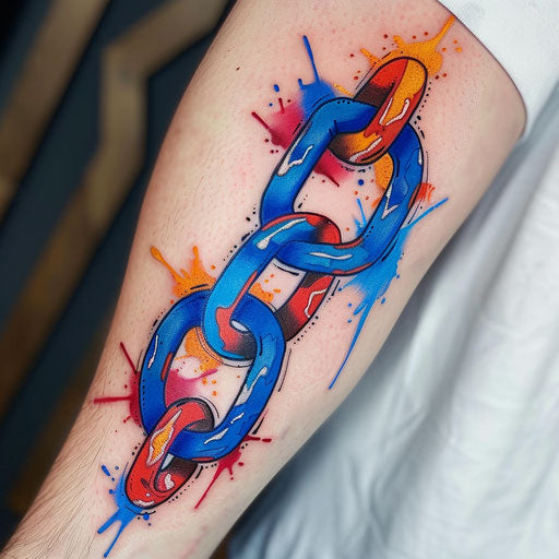 Colorful chain tattoo with blue and red links on white background