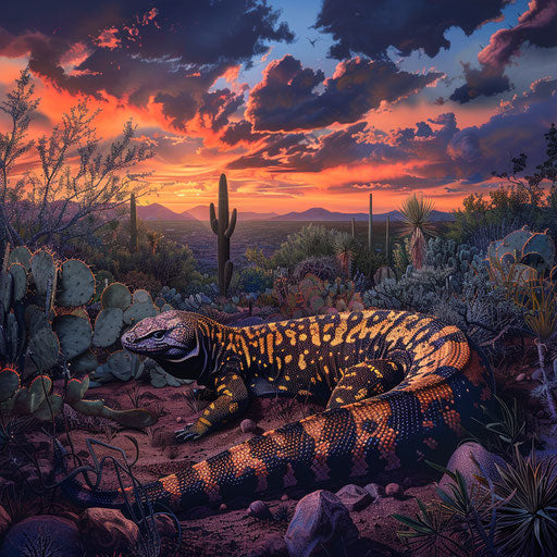 Gila monster in a lush desert landscape at dawn