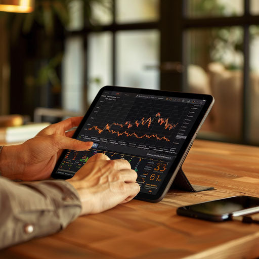 Serene workspace with person reviewing stock market trends on tablet