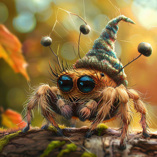 Cute spider with a tiny hat, in the style of Paul Souders