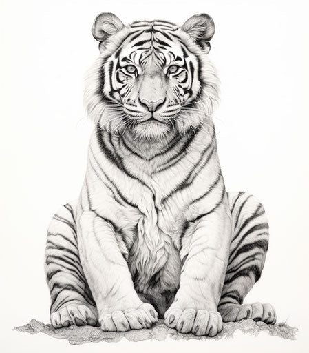 Black and white drawing of a tiger, hyper-realistic wildlife mural