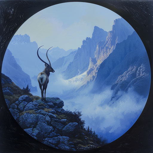 Ibex at dawn with misty mountains