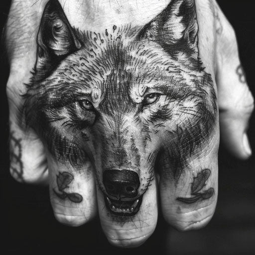 Knuckle tattoos of a wolf, in the style of David Palumbo