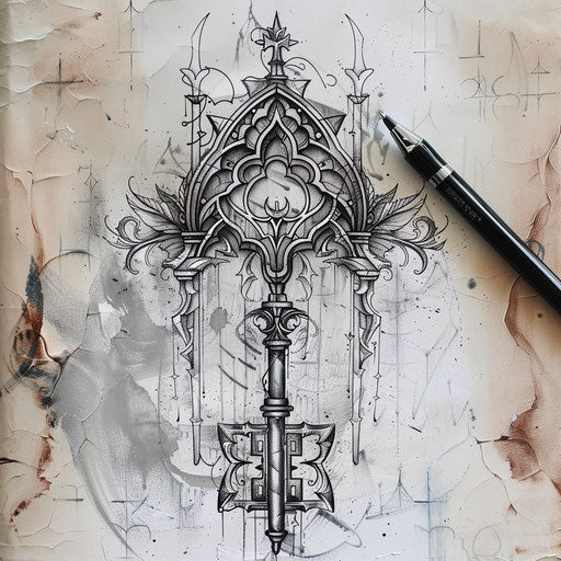 Historical tattoo sketch of an old church key with Gothic arches in subdued colors