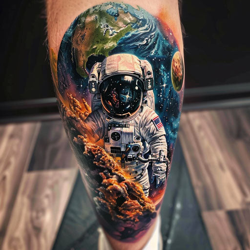 Space exploration cover up tattoo in the style of Peter Jackson