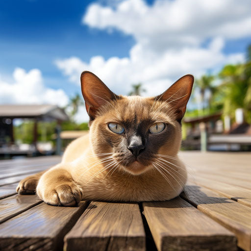 Burmese cat lying on a dock