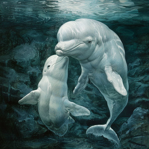 Intimate moment between a mother beluga whale and her calf, swimming together in a secluded bay