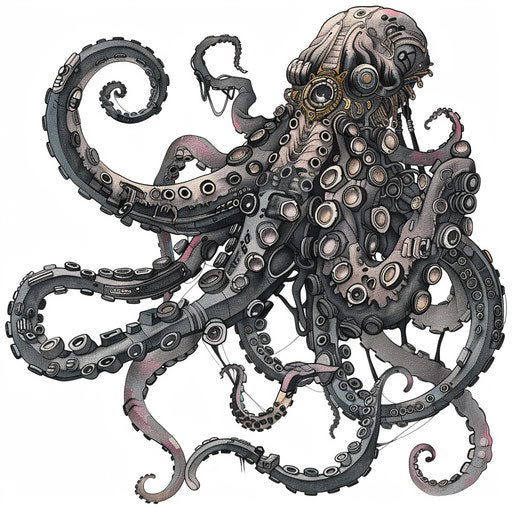 Biomechanical kraken tattoo illustration blending organic tentacles with mechanical parts on white background