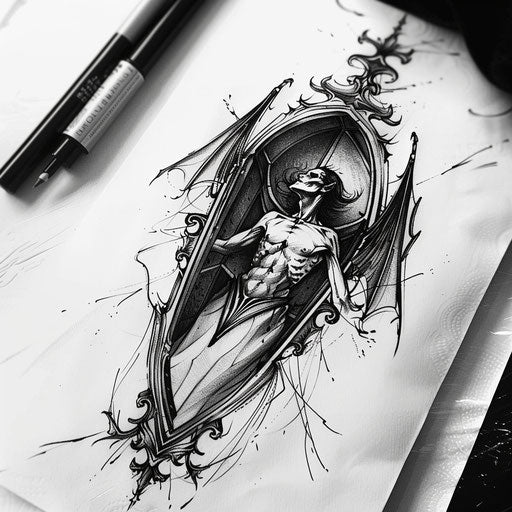 Flat and peaceful tattoo sketch of a vampire in repose, lying in an ornate coffin