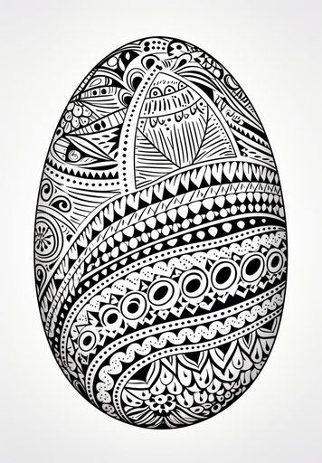 Easter egg drawn in black and white with simple, symmetrical patterns