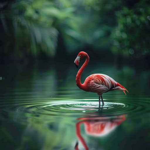 Flamingo walking on water, creating perfect ripples