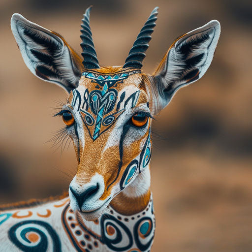 Close-up portrait of a gazelle with tribal patterns