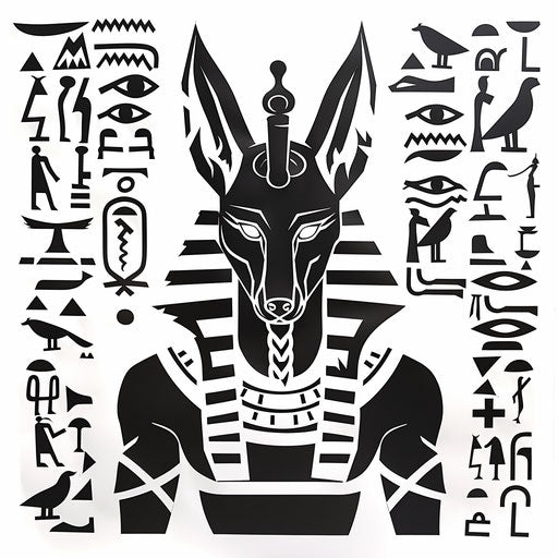 Mythic Anubis stencil surrounded by hieroglyphics on white