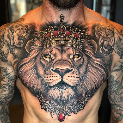 Chest tattoo of a lion with crown and scepter