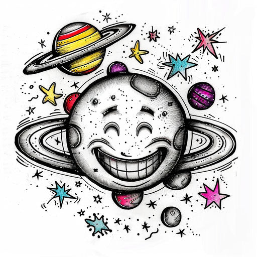Space-themed smiley face tattoo design