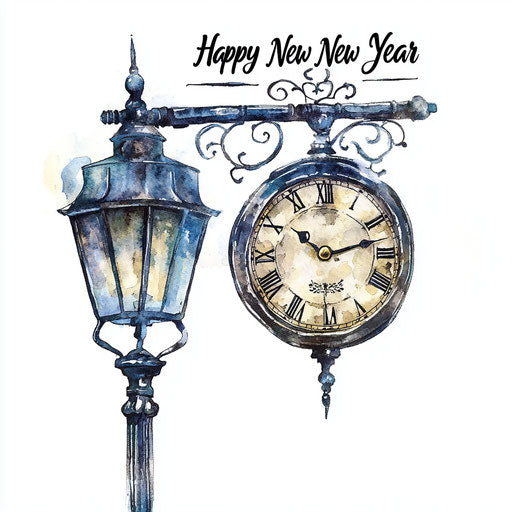 Watercolor clock on street lamp, winter, Christmas, white background