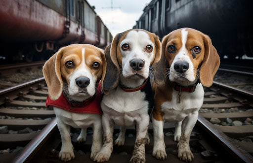 Beagles looking at camera as train passes by