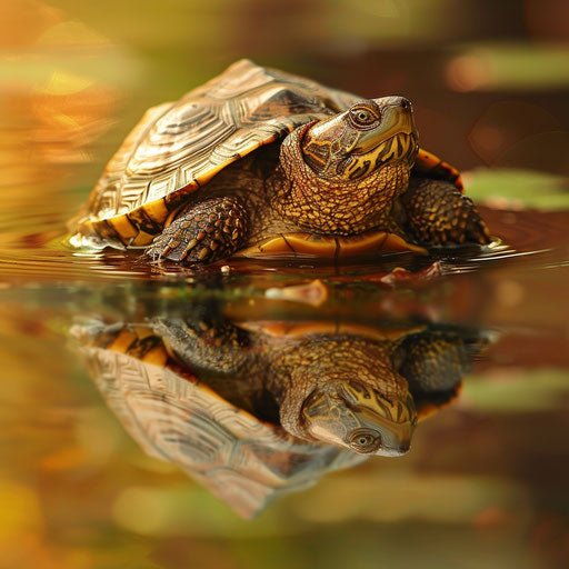 Snapping turtle peacefully floating in reflective pond