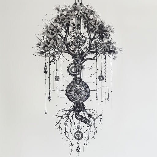 Biomechanical tree of life mixing organic shapes with mechanical details