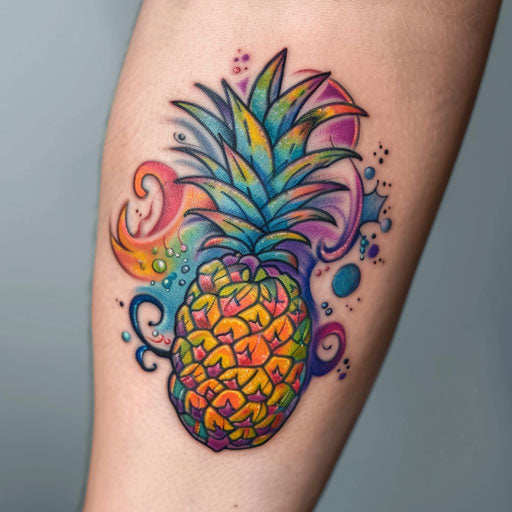 Vibrant psychedelic pineapple tattoo with swirling colors