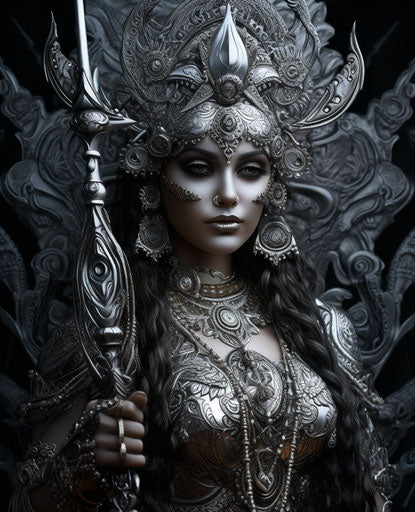 Woman holding spear, detailed pen and ink work, dollcore