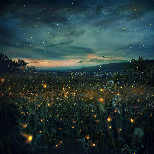 Fireflies dancing over a meadow on a warm summer night