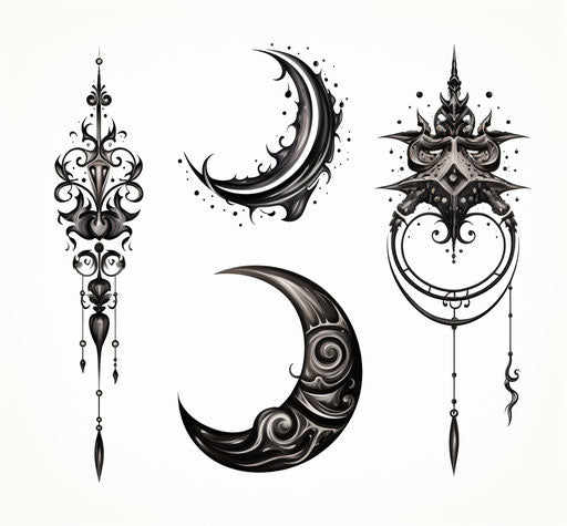 Moon and crescent tattoos on white background, intricate embellishments style
