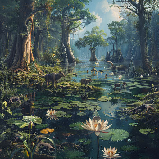 Scene of animals in a serene swamp